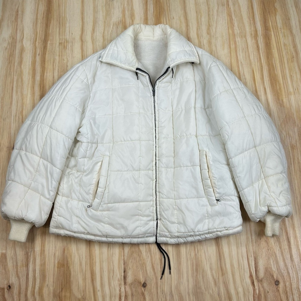 True Vintage 60's White Quilted Puffer Reversible Hooded Talon Zip Coat L RARE